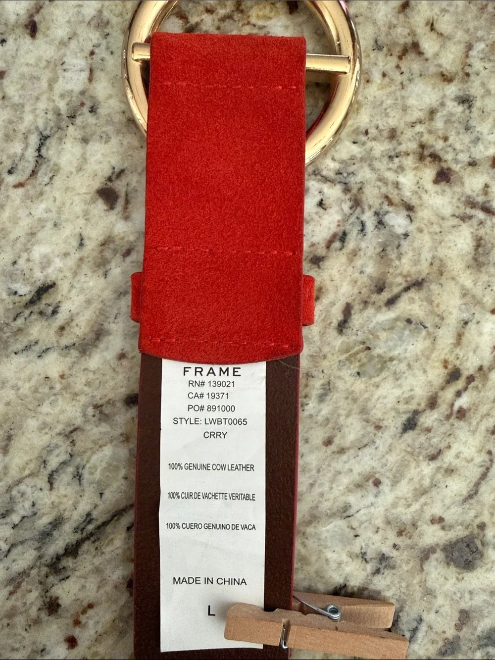 Frame Denim Le Circle Belt Red Suede with Gold Tone Round Buckle Sz L